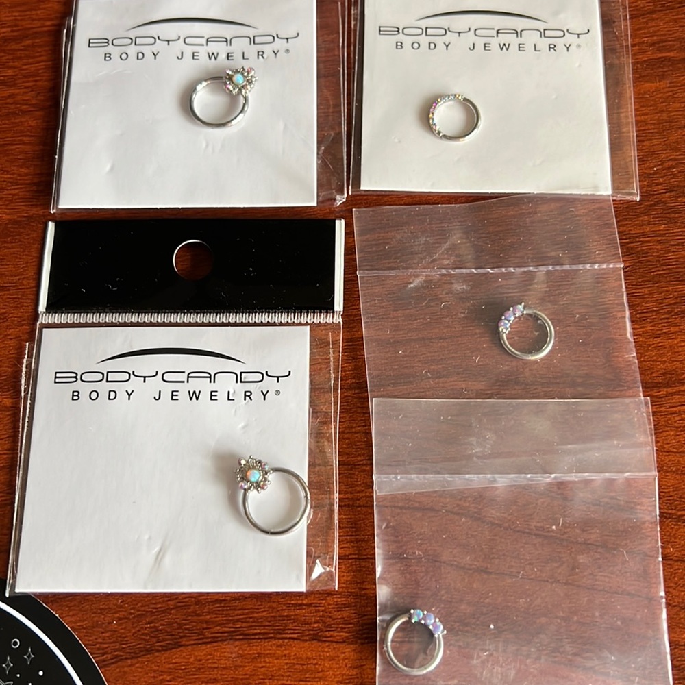 Body Candy Earrings for Rook, Daith, or Helix. Brand New 5 Pieces. Silver/Opal.